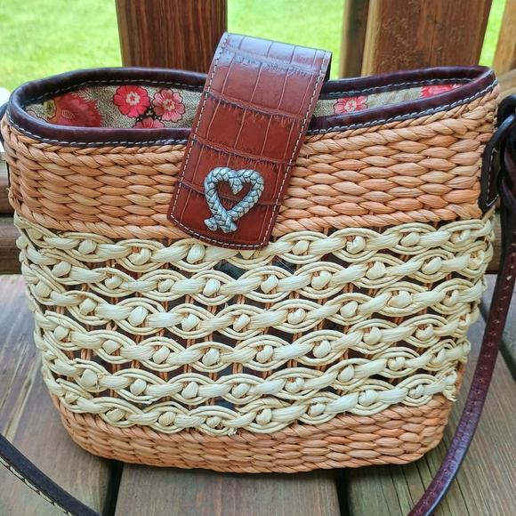 Vintage 90s Brighton Woven Wicker Straw Purse Shoulder Bag Brown Leather Strap - Picture 5 of 11